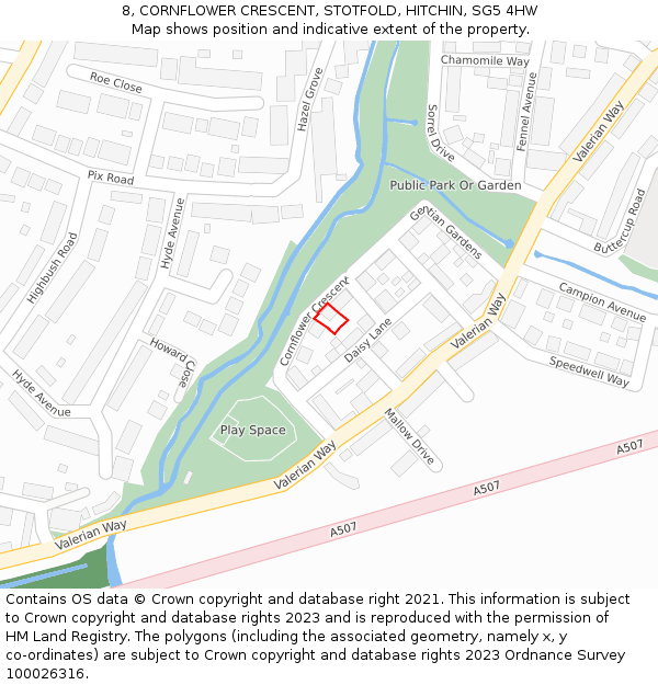 8, CORNFLOWER CRESCENT, STOTFOLD, HITCHIN, SG5 4HW: Location map and indicative extent of plot