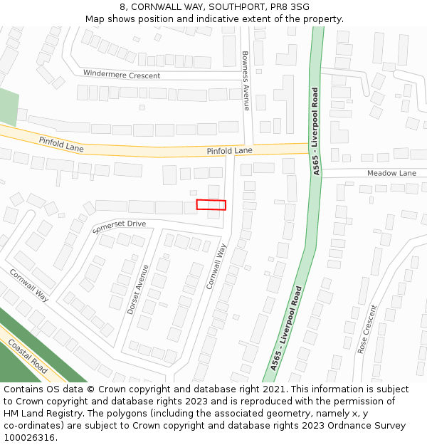 8, CORNWALL WAY, SOUTHPORT, PR8 3SG: Location map and indicative extent of plot