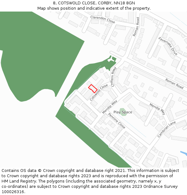 8, COTSWOLD CLOSE, CORBY, NN18 8GN: Location map and indicative extent of plot