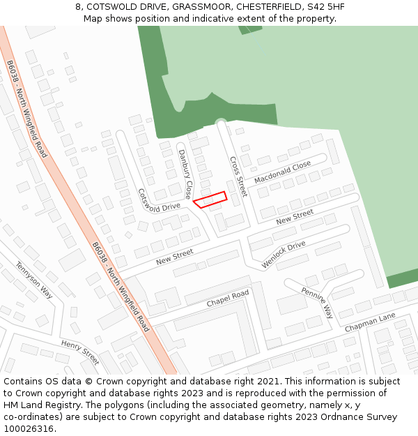 8, COTSWOLD DRIVE, GRASSMOOR, CHESTERFIELD, S42 5HF: Location map and indicative extent of plot