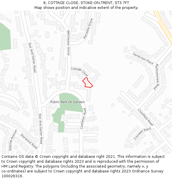 8, COTTAGE CLOSE, STOKE-ON-TRENT, ST3 7FT: Location map and indicative extent of plot