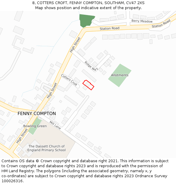 8, COTTERS CROFT, FENNY COMPTON, SOUTHAM, CV47 2XS: Location map and indicative extent of plot