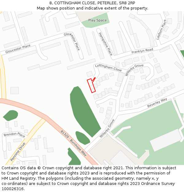 8, COTTINGHAM CLOSE, PETERLEE, SR8 2RP: Location map and indicative extent of plot