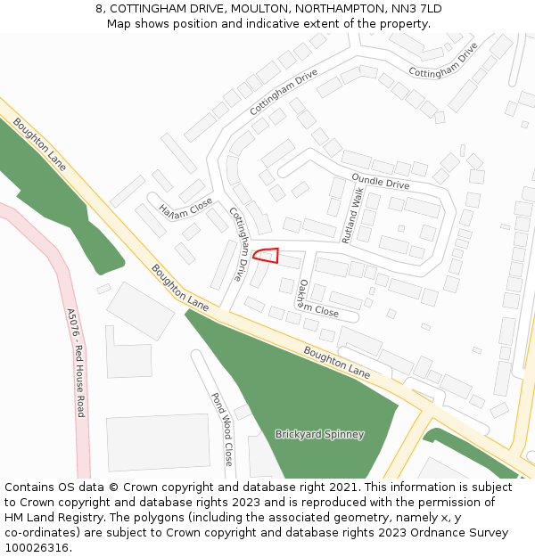 8, COTTINGHAM DRIVE, MOULTON, NORTHAMPTON, NN3 7LD: Location map and indicative extent of plot