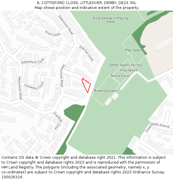 8, COTTISFORD CLOSE, LITTLEOVER, DERBY, DE23 3SL: Location map and indicative extent of plot