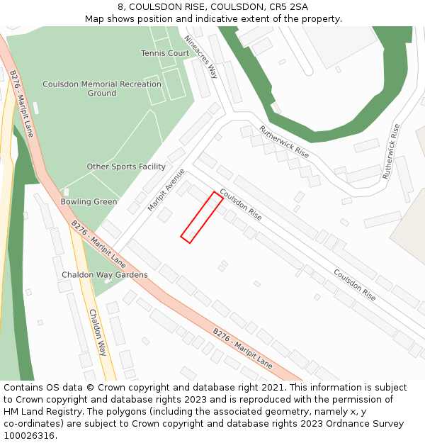 8, COULSDON RISE, COULSDON, CR5 2SA: Location map and indicative extent of plot