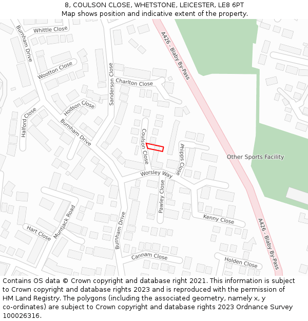 8, COULSON CLOSE, WHETSTONE, LEICESTER, LE8 6PT: Location map and indicative extent of plot