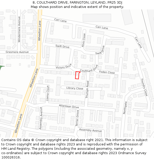 8, COULTHARD DRIVE, FARINGTON, LEYLAND, PR25 3DJ: Location map and indicative extent of plot