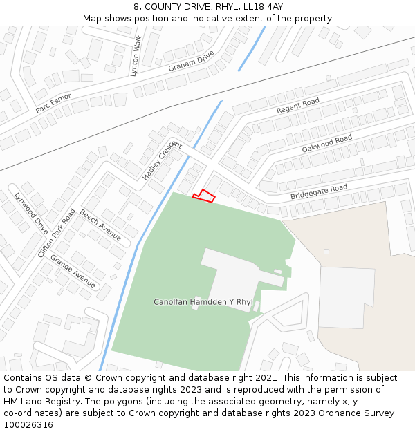 8, COUNTY DRIVE, RHYL, LL18 4AY: Location map and indicative extent of plot