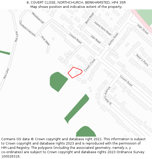 8, COVERT CLOSE, NORTHCHURCH, BERKHAMSTED, HP4 3SR: Location map and indicative extent of plot