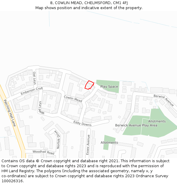 8, COWLIN MEAD, CHELMSFORD, CM1 4FJ: Location map and indicative extent of plot