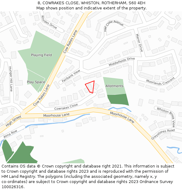 8, COWRAKES CLOSE, WHISTON, ROTHERHAM, S60 4EH: Location map and indicative extent of plot