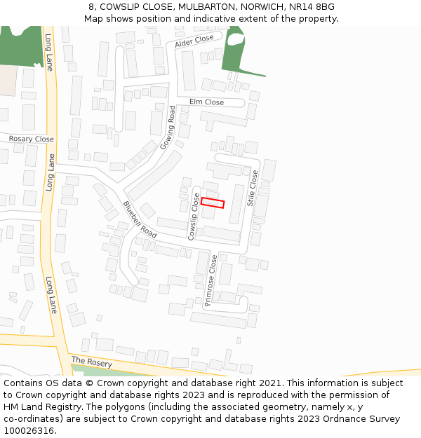 8, COWSLIP CLOSE, MULBARTON, NORWICH, NR14 8BG: Location map and indicative extent of plot