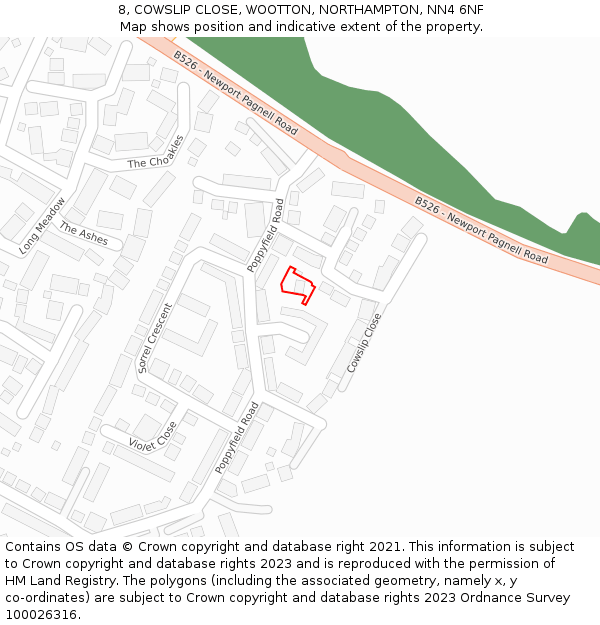 8, COWSLIP CLOSE, WOOTTON, NORTHAMPTON, NN4 6NF: Location map and indicative extent of plot