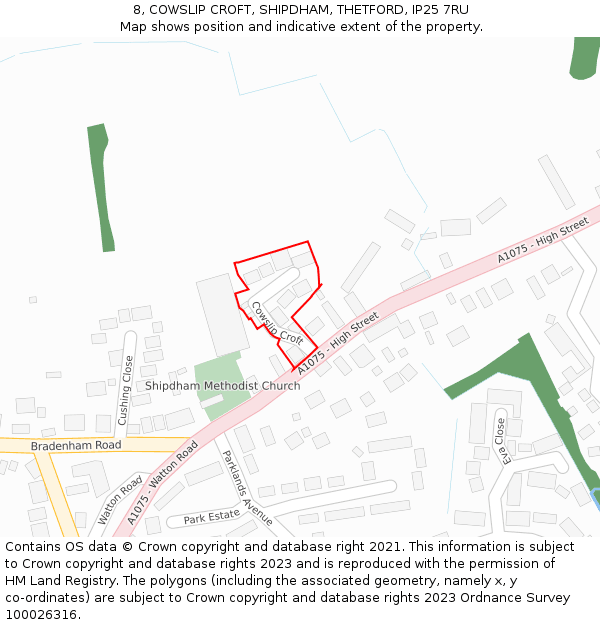 8, COWSLIP CROFT, SHIPDHAM, THETFORD, IP25 7RU: Location map and indicative extent of plot