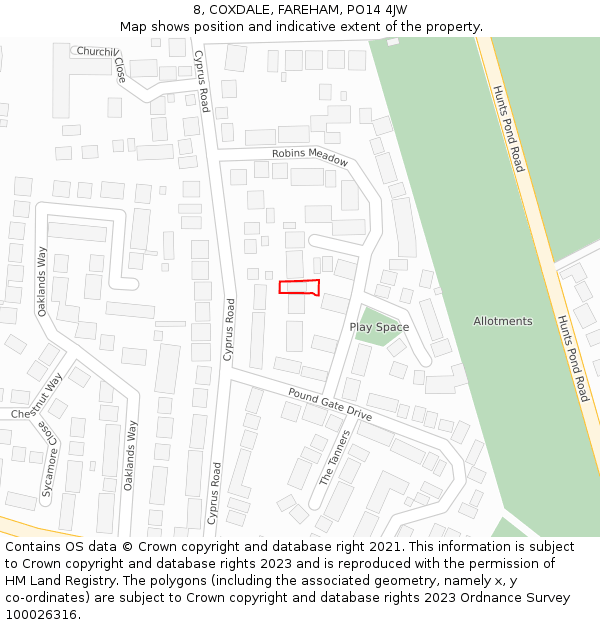 8, COXDALE, FAREHAM, PO14 4JW: Location map and indicative extent of plot