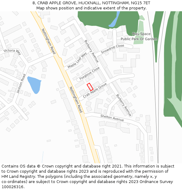 8, CRAB APPLE GROVE, HUCKNALL, NOTTINGHAM, NG15 7ET: Location map and indicative extent of plot