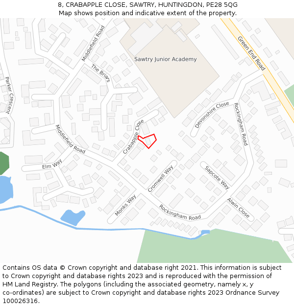 8, CRABAPPLE CLOSE, SAWTRY, HUNTINGDON, PE28 5QG: Location map and indicative extent of plot