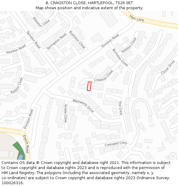 8, CRAGSTON CLOSE, HARTLEPOOL, TS26 0ET: Location map and indicative extent of plot