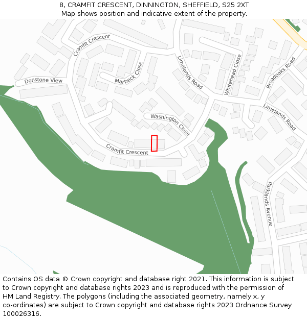 8, CRAMFIT CRESCENT, DINNINGTON, SHEFFIELD, S25 2XT: Location map and indicative extent of plot