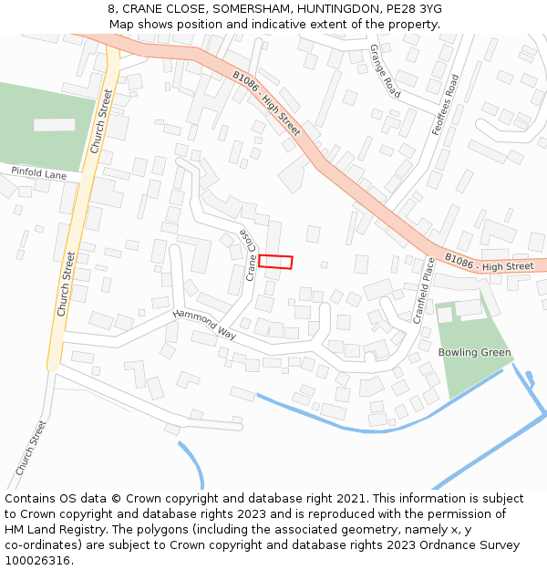 8, CRANE CLOSE, SOMERSHAM, HUNTINGDON, PE28 3YG: Location map and indicative extent of plot