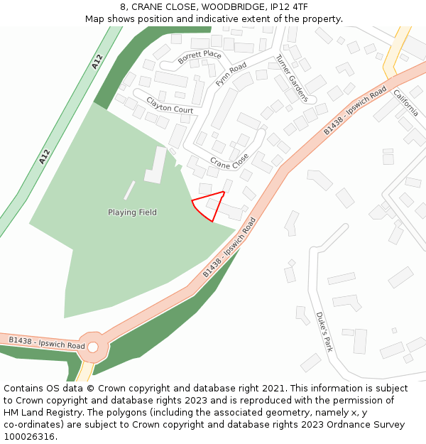 8, CRANE CLOSE, WOODBRIDGE, IP12 4TF: Location map and indicative extent of plot