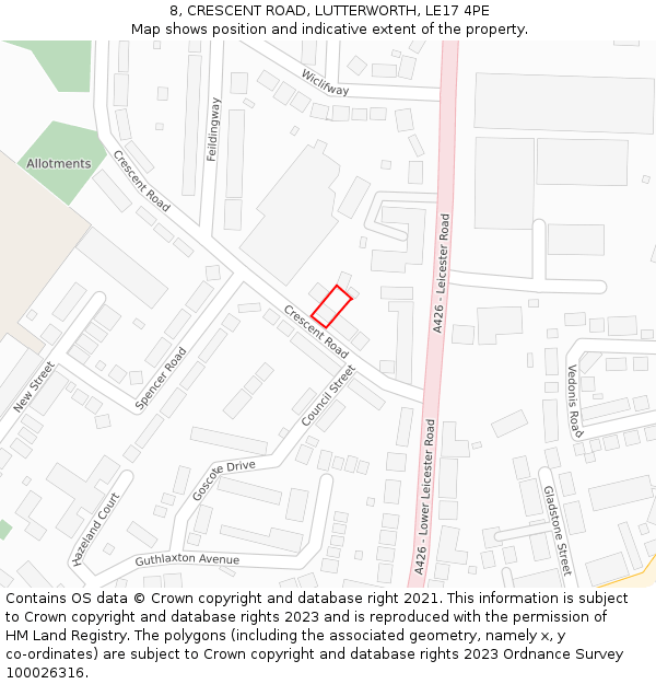 8, CRESCENT ROAD, LUTTERWORTH, LE17 4PE: Location map and indicative extent of plot