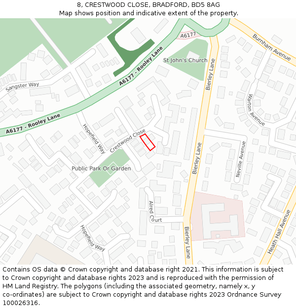 8, CRESTWOOD CLOSE, BRADFORD, BD5 8AG: Location map and indicative extent of plot