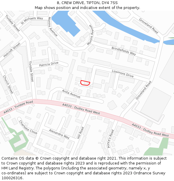 8, CREW DRIVE, TIPTON, DY4 7SS: Location map and indicative extent of plot