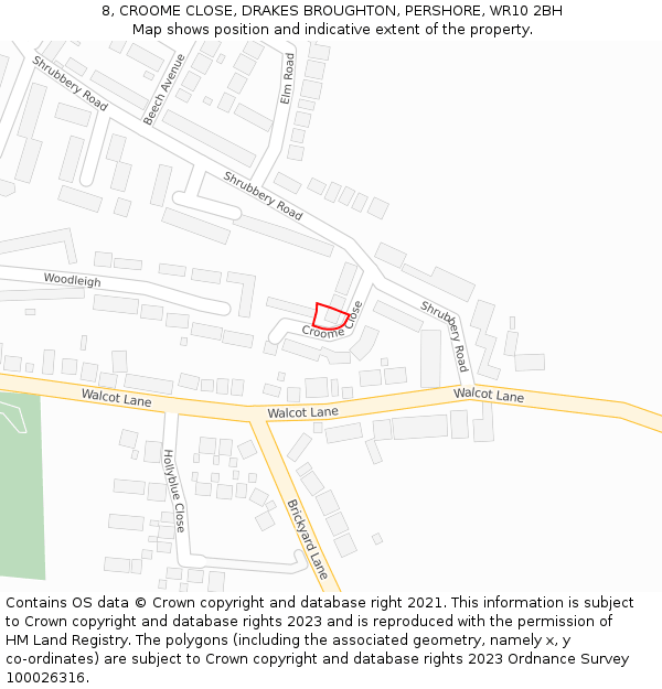 8, CROOME CLOSE, DRAKES BROUGHTON, PERSHORE, WR10 2BH: Location map and indicative extent of plot