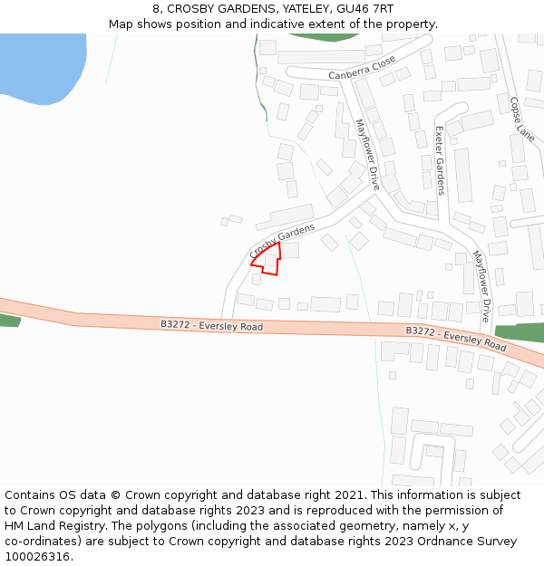 8, CROSBY GARDENS, YATELEY, GU46 7RT: Location map and indicative extent of plot