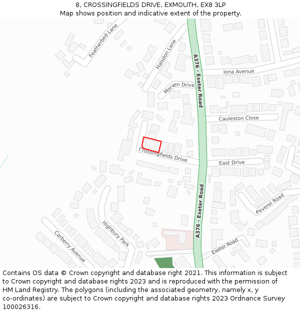 8, CROSSINGFIELDS DRIVE, EXMOUTH, EX8 3LP: Location map and indicative extent of plot