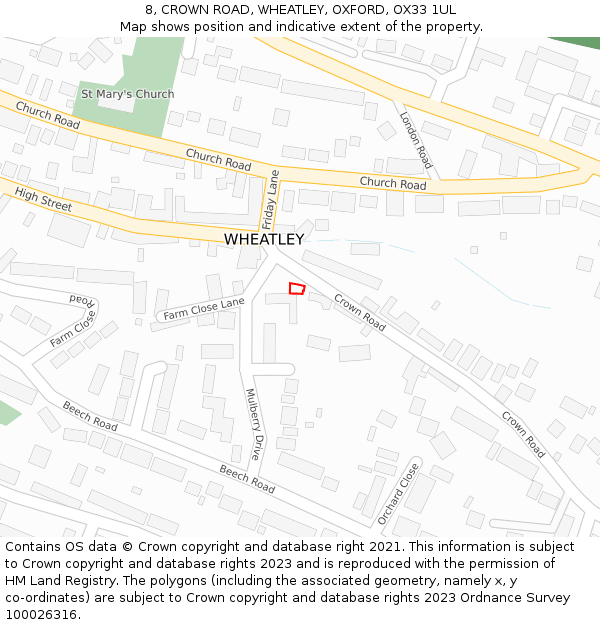 8, CROWN ROAD, WHEATLEY, OXFORD, OX33 1UL: Location map and indicative extent of plot