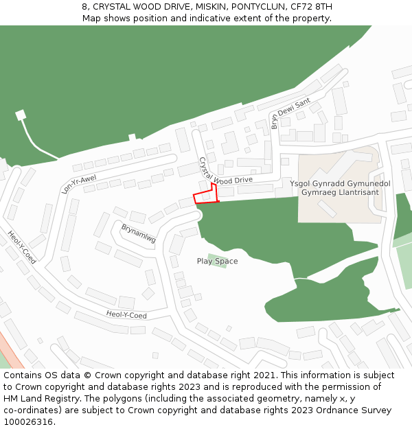8, CRYSTAL WOOD DRIVE, MISKIN, PONTYCLUN, CF72 8TH: Location map and indicative extent of plot