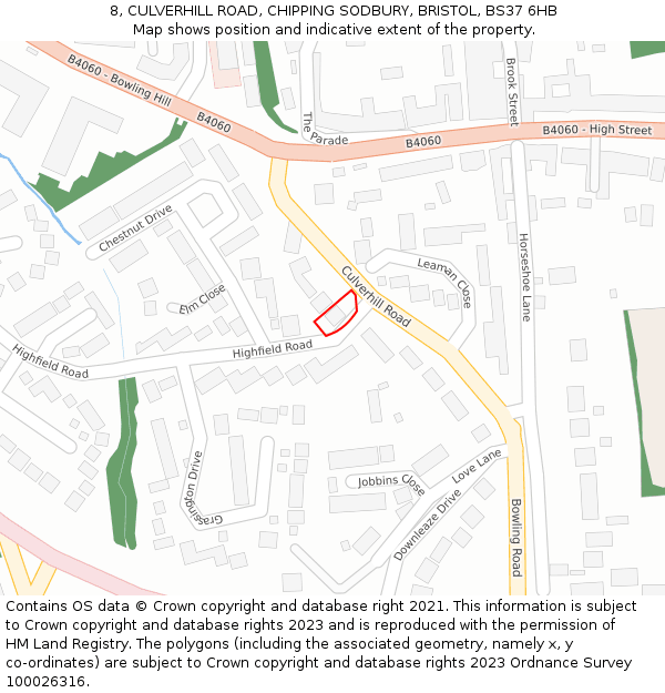 8, CULVERHILL ROAD, CHIPPING SODBURY, BRISTOL, BS37 6HB: Location map and indicative extent of plot