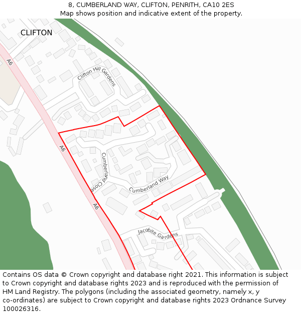 8, CUMBERLAND WAY, CLIFTON, PENRITH, CA10 2ES: Location map and indicative extent of plot