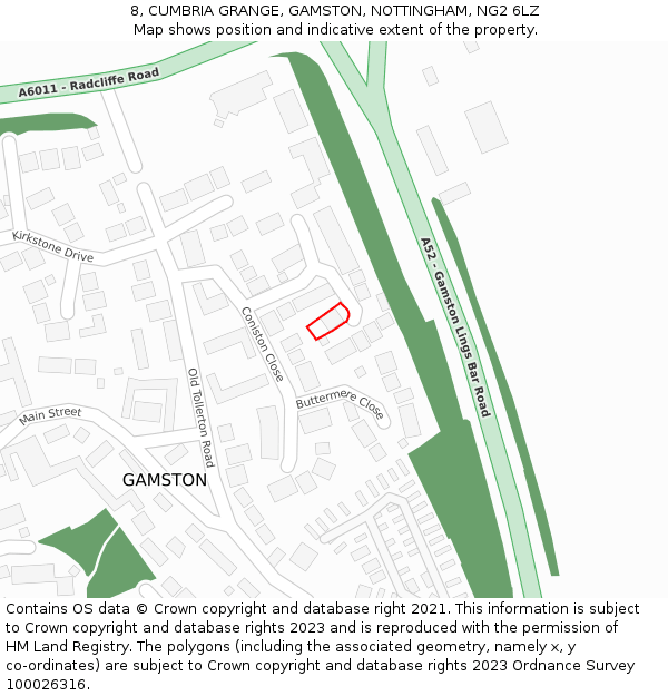 8, CUMBRIA GRANGE, GAMSTON, NOTTINGHAM, NG2 6LZ: Location map and indicative extent of plot