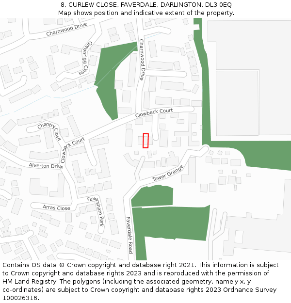 8, CURLEW CLOSE, FAVERDALE, DARLINGTON, DL3 0EQ: Location map and indicative extent of plot