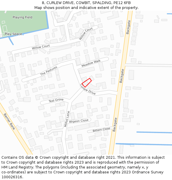 8, CURLEW DRIVE, COWBIT, SPALDING, PE12 6FB: Location map and indicative extent of plot