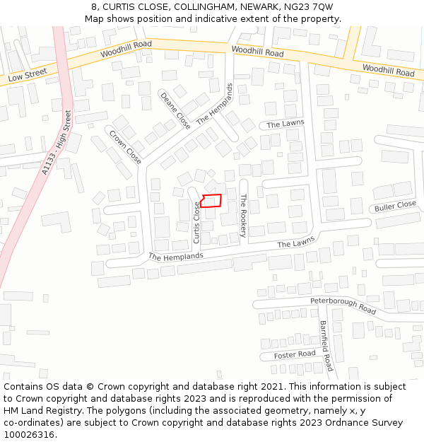 8, CURTIS CLOSE, COLLINGHAM, NEWARK, NG23 7QW: Location map and indicative extent of plot