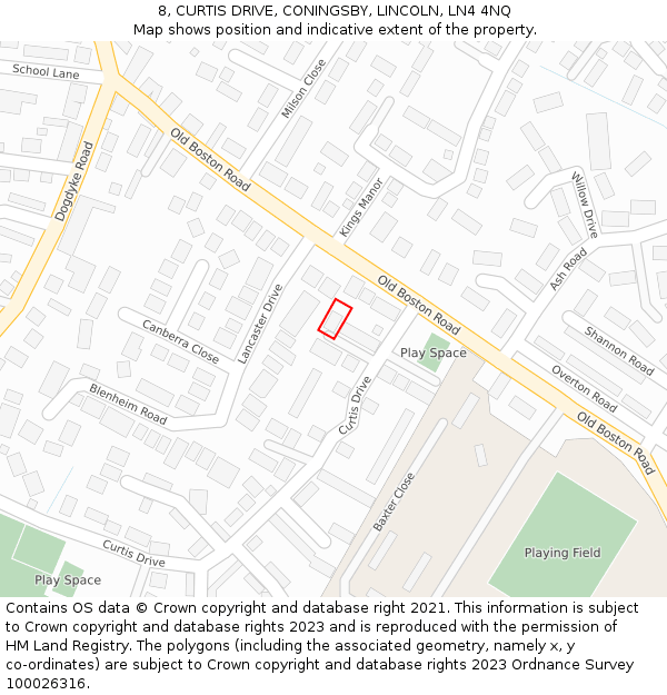 8, CURTIS DRIVE, CONINGSBY, LINCOLN, LN4 4NQ: Location map and indicative extent of plot