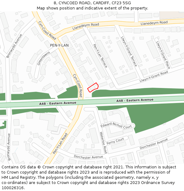 8, CYNCOED ROAD, CARDIFF, CF23 5SG: Location map and indicative extent of plot