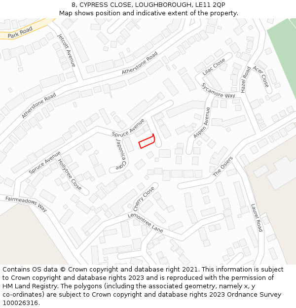 8, CYPRESS CLOSE, LOUGHBOROUGH, LE11 2QP: Location map and indicative extent of plot