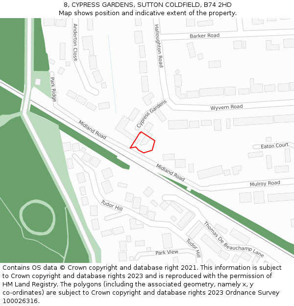 8, CYPRESS GARDENS, SUTTON COLDFIELD, B74 2HD: Location map and indicative extent of plot