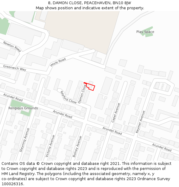 8, DAMON CLOSE, PEACEHAVEN, BN10 8JW: Location map and indicative extent of plot