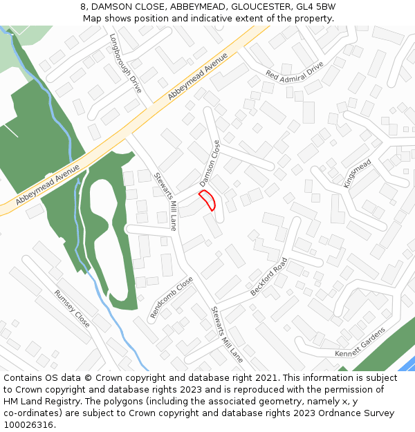 8, DAMSON CLOSE, ABBEYMEAD, GLOUCESTER, GL4 5BW: Location map and indicative extent of plot