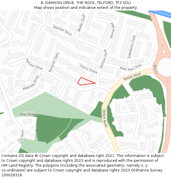 8, DAMSON DRIVE, THE ROCK, TELFORD, TF3 5DU: Location map and indicative extent of plot