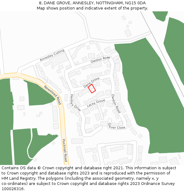 8, DANE GROVE, ANNESLEY, NOTTINGHAM, NG15 0DA: Location map and indicative extent of plot