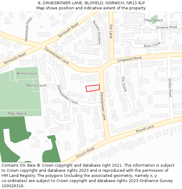 8, DANESBOWER LANE, BLOFIELD, NORWICH, NR13 4LP: Location map and indicative extent of plot