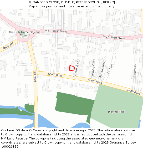 8, DANFORD CLOSE, OUNDLE, PETERBOROUGH, PE8 4DJ: Location map and indicative extent of plot